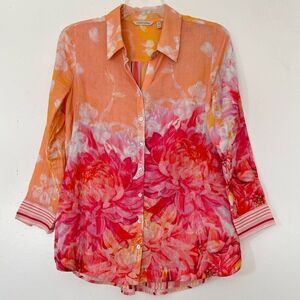 Soft Surroundings Lagenlook Tunic Medium Altura Floral Gauze Blouse Orange Pink